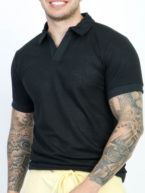 Camiseta Gola Polo Malha Texturizada Preta - AST