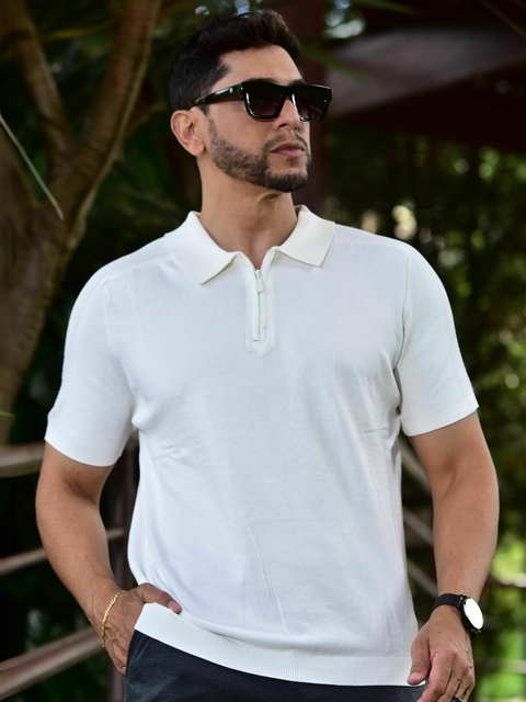 Camiseta Gola Polo Tricot Texturizada com Ziper Off White 1069 - Conquest - loja online