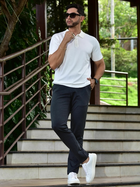 Camiseta Gola Polo Tricot Texturizada com Ziper Off White 1069 - Conquest - Kamarim Patos