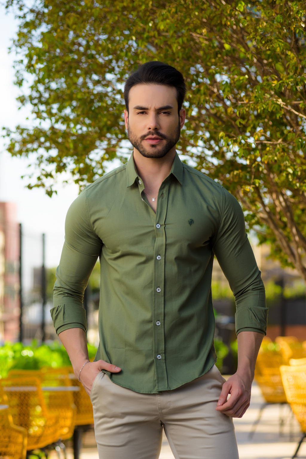 Camisa Social Slim Oxford Verde Exército - Conquest - loja online