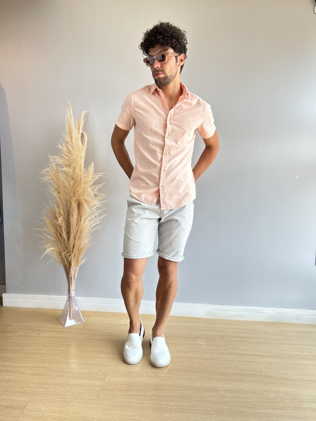 Camisa Wash Slim Manga Curta Rosa Quartzo - Acostamento - Kamarim Patos