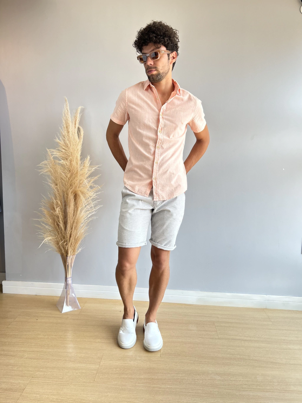 Camisa Wash Slim Manga Curta Rosa Quartzo - Acostamento - Kamarim Patos