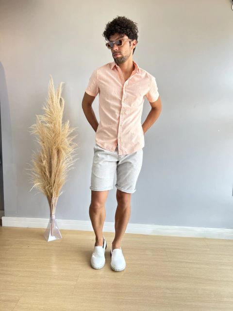 Camisa Wash Slim Manga Curta Rosa Quartzo - Acostamento - Kamarim Patos