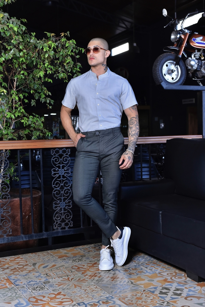 Camisa Slim Manga Curta Cinza Mescla - Gola Padre - Conquest - comprar online