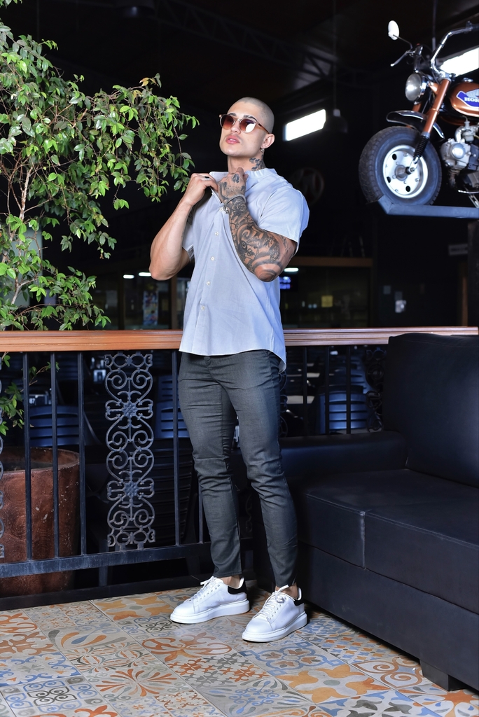 Camisa Slim Manga Curta Cinza Mescla - Gola Padre - Conquest na internet