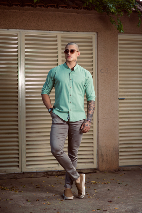 Camisa Maldivas Slim Linho Flamê Verde Menta - Gola Padre - Conquest na internet