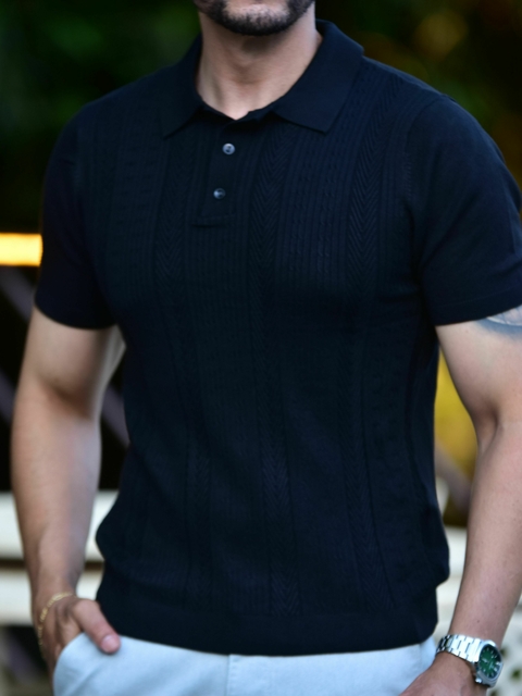 Camiseta Gola Polo Tricot Texturizada Preta 1074 - Conquest