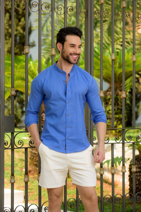 Imagem do Camisa Maldivas Slim Linho Flamê Azul Maya - Gola Padre - Conquest