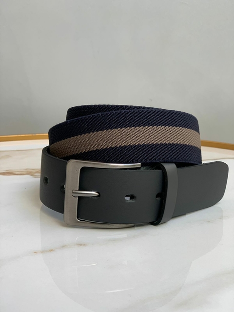 Cinto Couro Com Elastico Azul Listra Caqui - Fasolo
