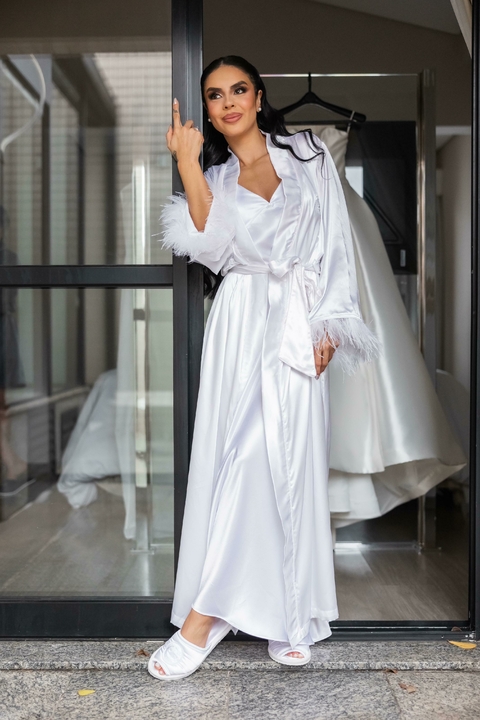 Robe noiva cetim longo Plumas branco