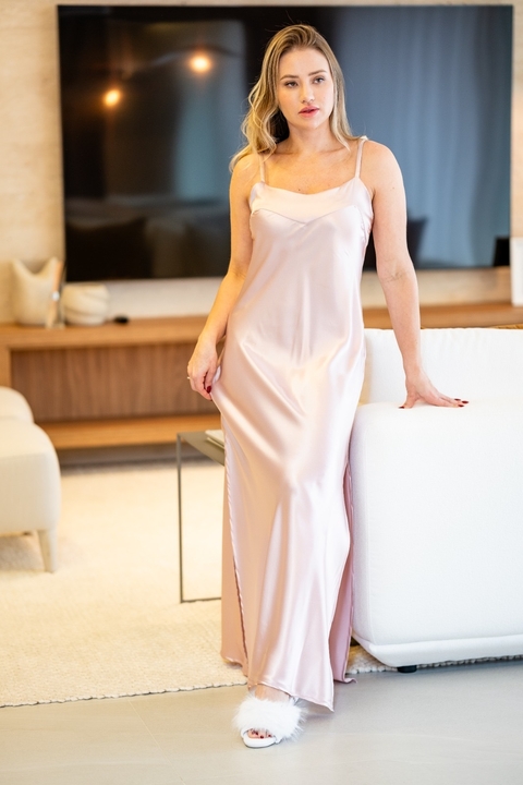 Camisola cetim longa clássica - rose nude