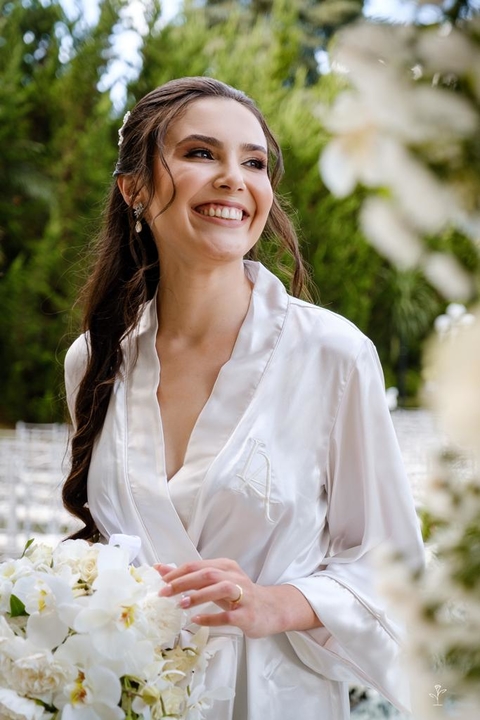 Robe noiva cetim curto clássico off white com vies off