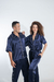 Pijama de casal cetim calca e camisa manga curta cetim azul marinho vies off - comprar online