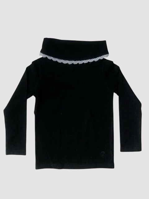 Polera de algodón negra con cuello con puntilla blanca Little Akiabara - 2A - comprar online