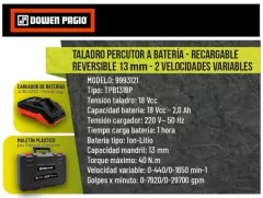 Taladro Percutor Ion Litio 13mm 18V Vel.Var. Maletin Dowen Pagio 9993121