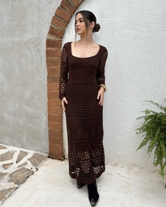 Vestido Manga Longa Tricô - Marrom - comprar online