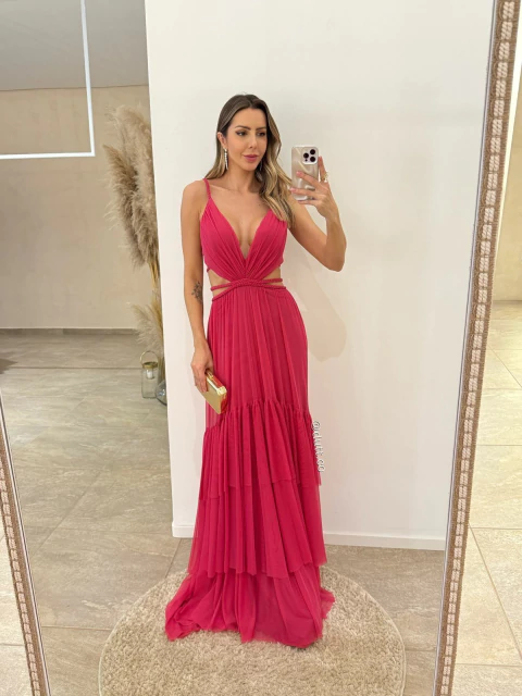 Vestido Lara alcinha em tule trançada e recortes pink