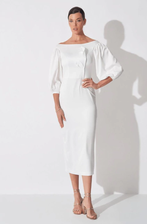 Vestido midi Tulipa manga longa com flores off white