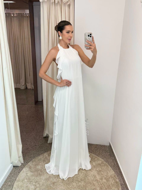 Vestido Panamá frente única chiffon fluído branco