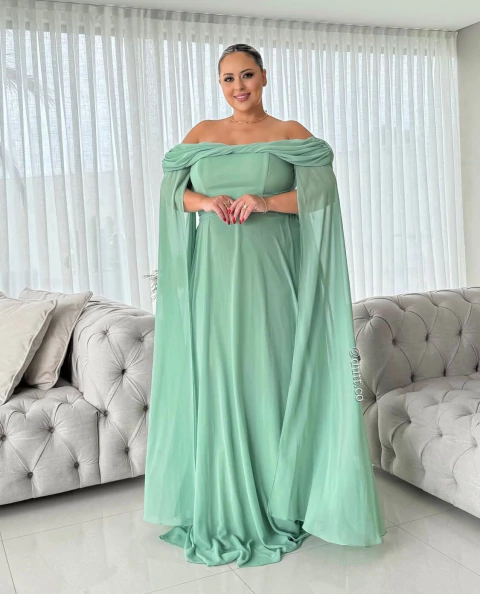 Vestido Keren ombro a ombro manga capa removível chiffon verde claro