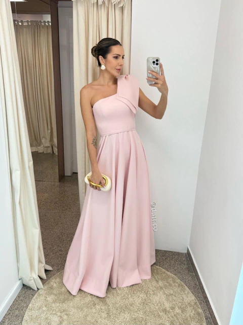 Vestido Holanda em alfaiataria um ombro só com laço rosa