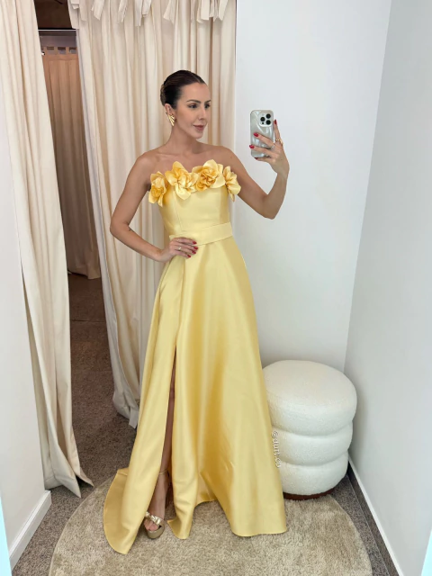Vestido Zoraide tomara que caia busto flor amarelo