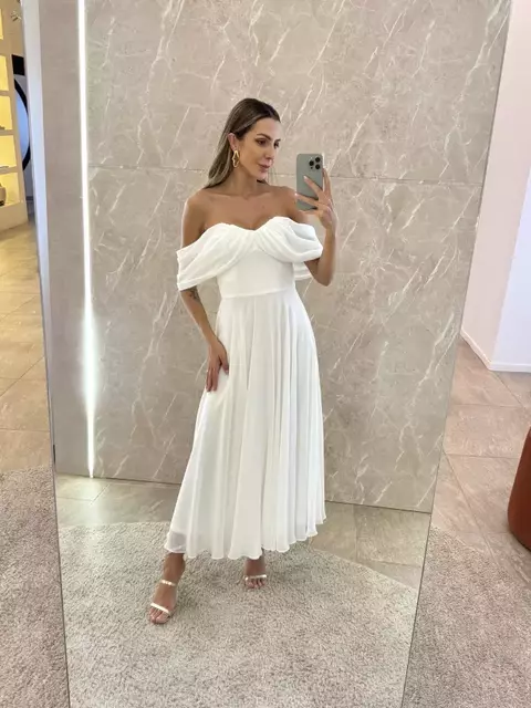 Vestido midi Olga manguinha fluído ombro a ombro off white