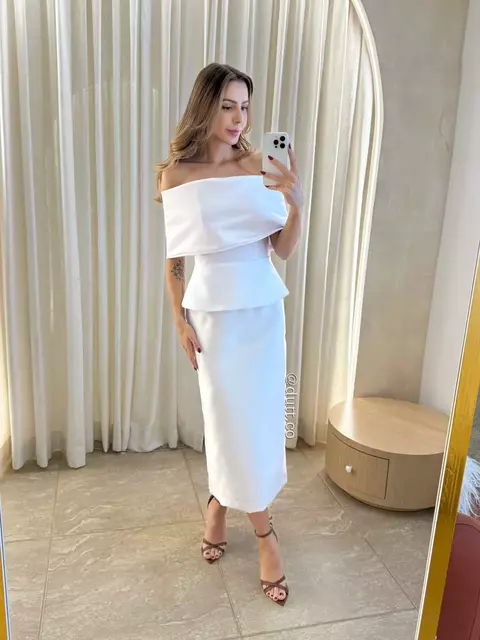 Vestido midi Austrália em zibeline com pala removível branco