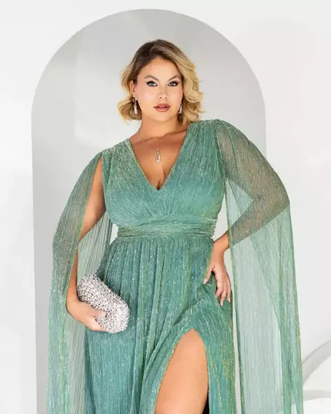 Vestido Júnia manga longa capa em tule crystal verde claro
