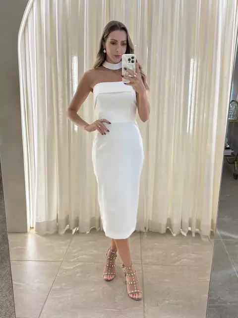 Vestido midi Gilda minimalista com dobra e golinha off white