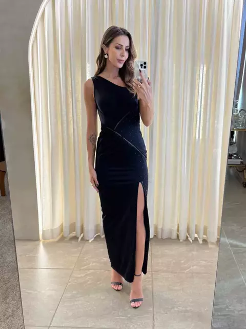 Vestido Amarante super midi com cristais um ombro só preto