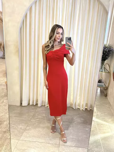 Vestido midi Úlia em jersey com detalhe um ombro vermelho