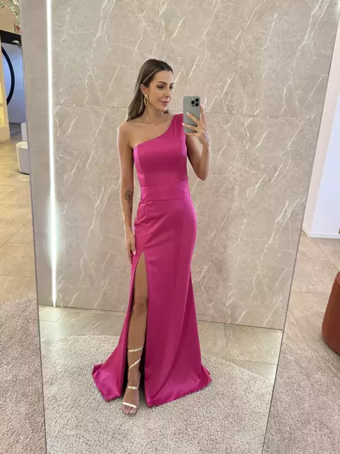 Vestido Gláucia laço costas em alfaitaria e fenda pink