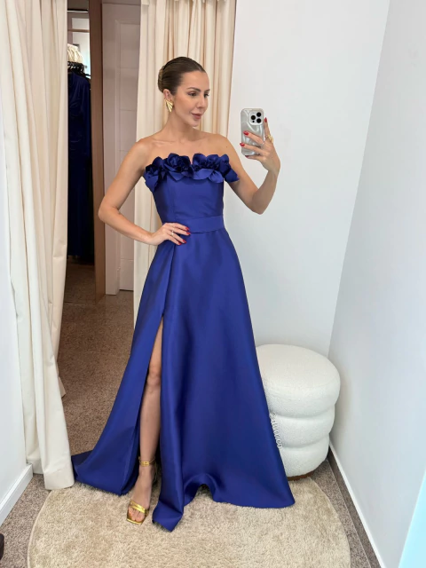 Vestido Zoraide tomara que caia busto flor azul