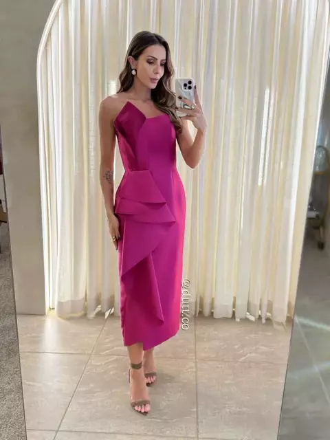 Vestido midi Inês em zibeline detalhe dobradura pink