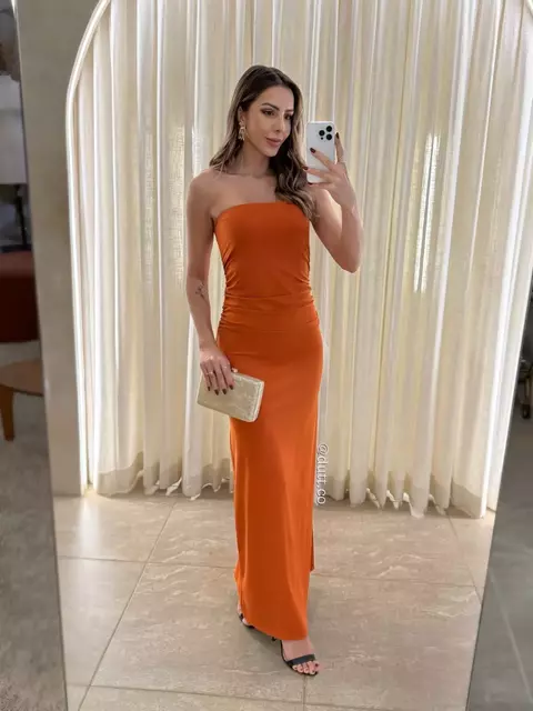 Vestido Belinda tomara que caia em jersey drapeado lateral telha