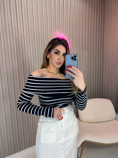 Blusa Laura ombro a ombro canelado (preto/cinza) - loja online