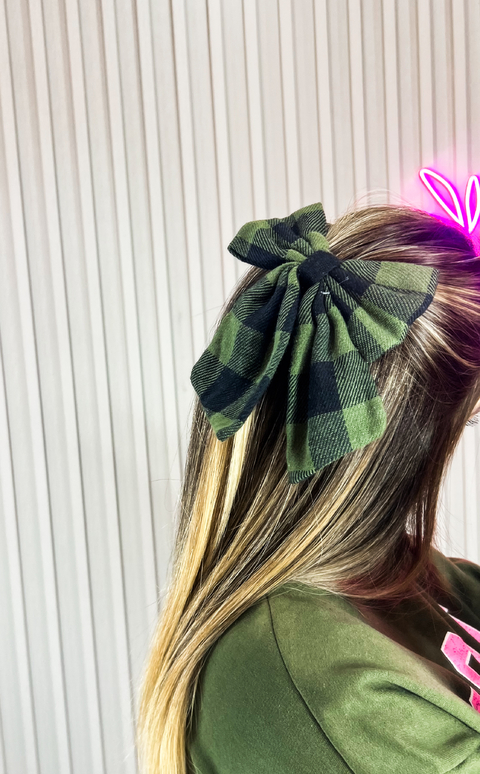 Laço de cabelo linho xadrez (verde militar e preto)