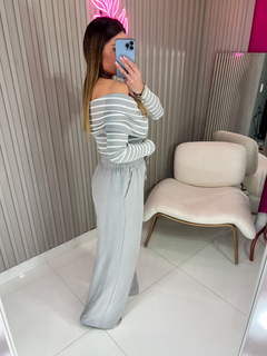 Blusa Laura ombro a ombro canelado (listras cinza/off white) - loja online