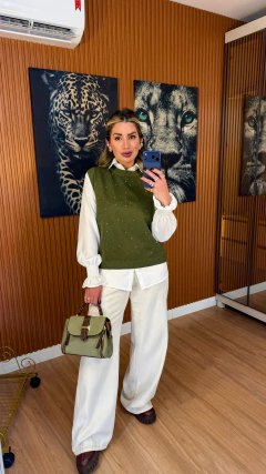 Conjunto camisa + colete strass tricot modal (verde oliva) - loja online