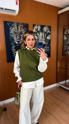 Conjunto camisa + colete strass tricot modal (verde oliva)