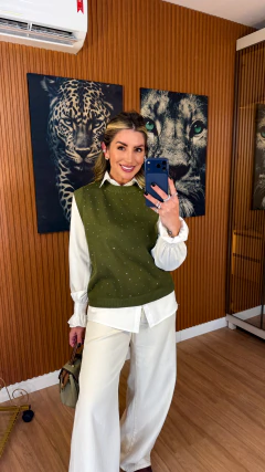 Conjunto camisa + colete strass tricot modal (verde oliva) na internet