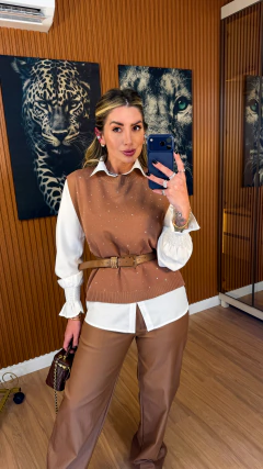 Conjunto camisa + colete strass tricot modal (nude)