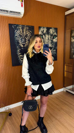 Conjunto camisa + colete strass tricot modal (preto) - Jordanna Galia Store