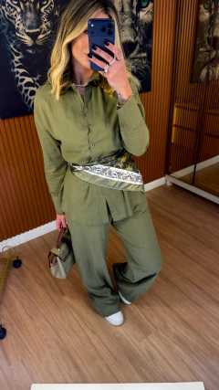 CONJUNTO tatiana camisa+ lenço e pantalona linho de algodão (verde oliva) - loja online