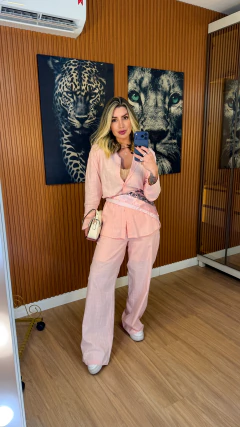 CONJUNTO tatiana camisa+ lenço e pantalona linho de algodão (rosa bebe)