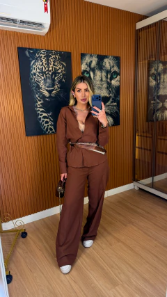 CONJUNTO tatiana camisa+ lenço e pantalona linho de algodão (marrom)