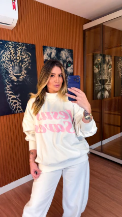 Blusa jesus saves oversize moletom flanelado (off white/rosa) - comprar online