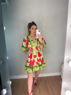 Vestido Carolina curto viscolynho (verde e pink) - loja online