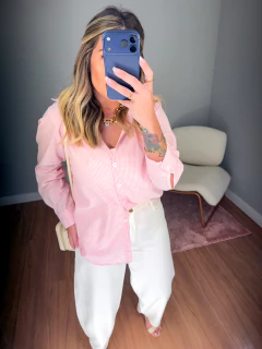 Camisa basic linho (mini listras rosa) - Jordanna Galia Store